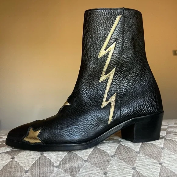 MODERN VICE Golden Bolt Black & Metallic Gold Leather Ankle Boots Size EU 35/US5 - Picture 2 of 16